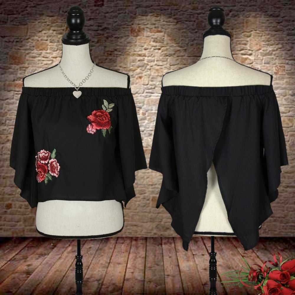 NWT Black Floral Embroidered Strapless Top Small